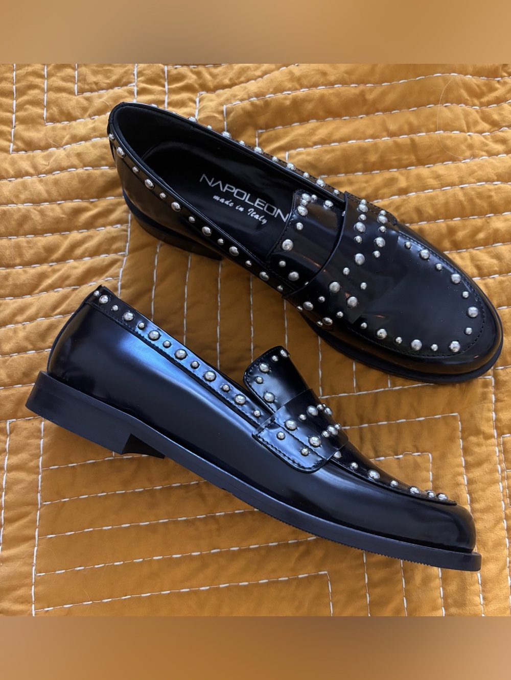 Napoleoni Black Studded Patent Leather Loafers for Women. New. 38 euro, 7.5-8 US
